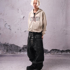 THEWET SPLITTING TONGUE silhouette distressed short loose star print zipper hoodie