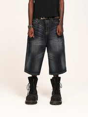 THEWET 14oz American washed distressed three-dimensional pleated cat whisker denim shorts for men, pure cotton wide leg cropped pants
