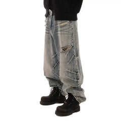 LILWET loose hole washed distressed 13 ounce cat paw scratch cat whisker split tongue jeans THEWET