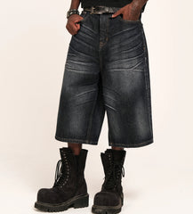 THEWET 14oz American washed distressed three-dimensional pleated cat whisker denim shorts for men, pure cotton wide leg cropped pants