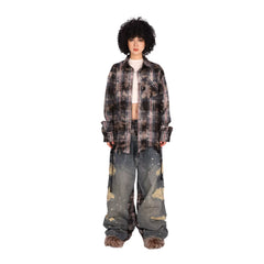 THEWET Split Tongue 14 oz Double Waist Checkered Splicing with Broken Hole, Damaged, Baggy Straight leg Jeans