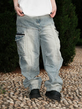 THEWET American heavyweight 14oz tie flower washed distressed long pants loose casual wide leg workwear jeans