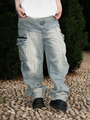 THEWET American heavyweight 14oz tie flower washed distressed long pants loose casual wide leg workwear jeans