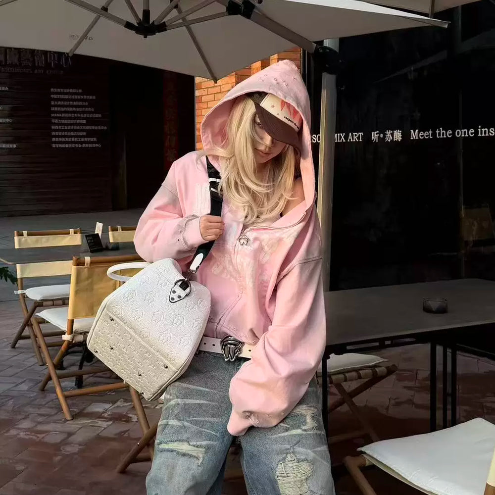 Zhu Zhixin, Zhang Hanrui, Taigexi, same style THEWET street letter old zipper hoodie, hoodie