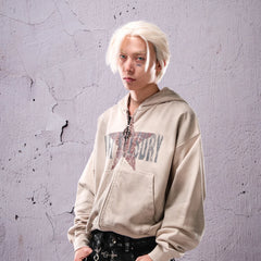 THEWET SPLITTING TONGUE silhouette distressed short loose star print zipper hoodie