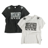 THEWET 2026SS Street Retro Vintage Double Star Letter Printed Cotton Short Sleeve Tee