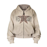 THEWET SPLITTING TONGUE silhouette distressed short loose star print zipper hoodie