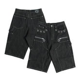 THEWET 14oz American Street Color Rivet Cowboy Seven Part Pants Men's Black Deconstructed Style Bright Thread Shorts