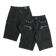THEWET 14oz American Street Color Rivet Cowboy Seven Part Pants Men's Black Deconstructed Style Bright Thread Shorts