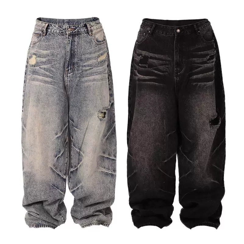 LILWET loose hole washed distressed 13 ounce cat paw scratch cat whisker split tongue jeans THEWET