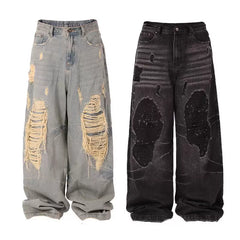 LILWET water washed distressed 13 ounce Baggy ripped floor wide leg jeans THEWET tongue splitting