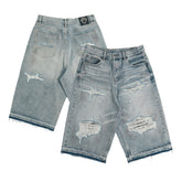 THEWET 14oz washed cat whiskers made of old adhesive fabric, ripped denim cropped pants, retro fringed straight leg shorts
