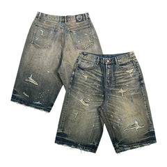 THEWET 14oz washed distressed denim cropped pants with messy needles and holes, vintage dirt removal straight leg shorts
