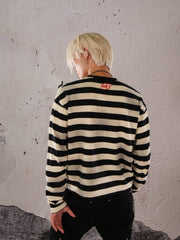 THEWET 2026 Spring American Street Black and White Stripe Short Style Loose Long Sleeve Used Spray Dirty Interval Strip Long Tee