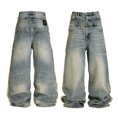 THEWET SPLITTING TONGUE 2025AW Washed and Used Honeycomb Cat Beard Double Waist Cowboy Pants