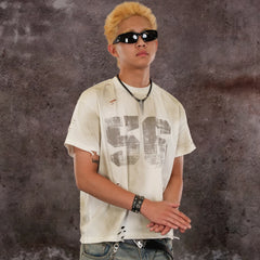 THEWET 2026SS American retro mud dyed distressed street casual fun loose printed short sleeved shirt