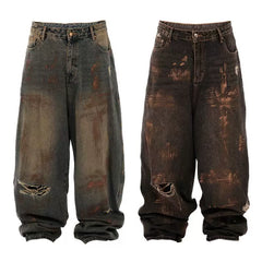 THEWET Tongue Mud Dyeing Waste Soil Baggy Pants Wash and Make Old Super Fat Loose Jeans