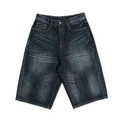 THEWET 14oz American washed distressed three-dimensional pleated cat whisker denim shorts for men, pure cotton wide leg cropped pants
