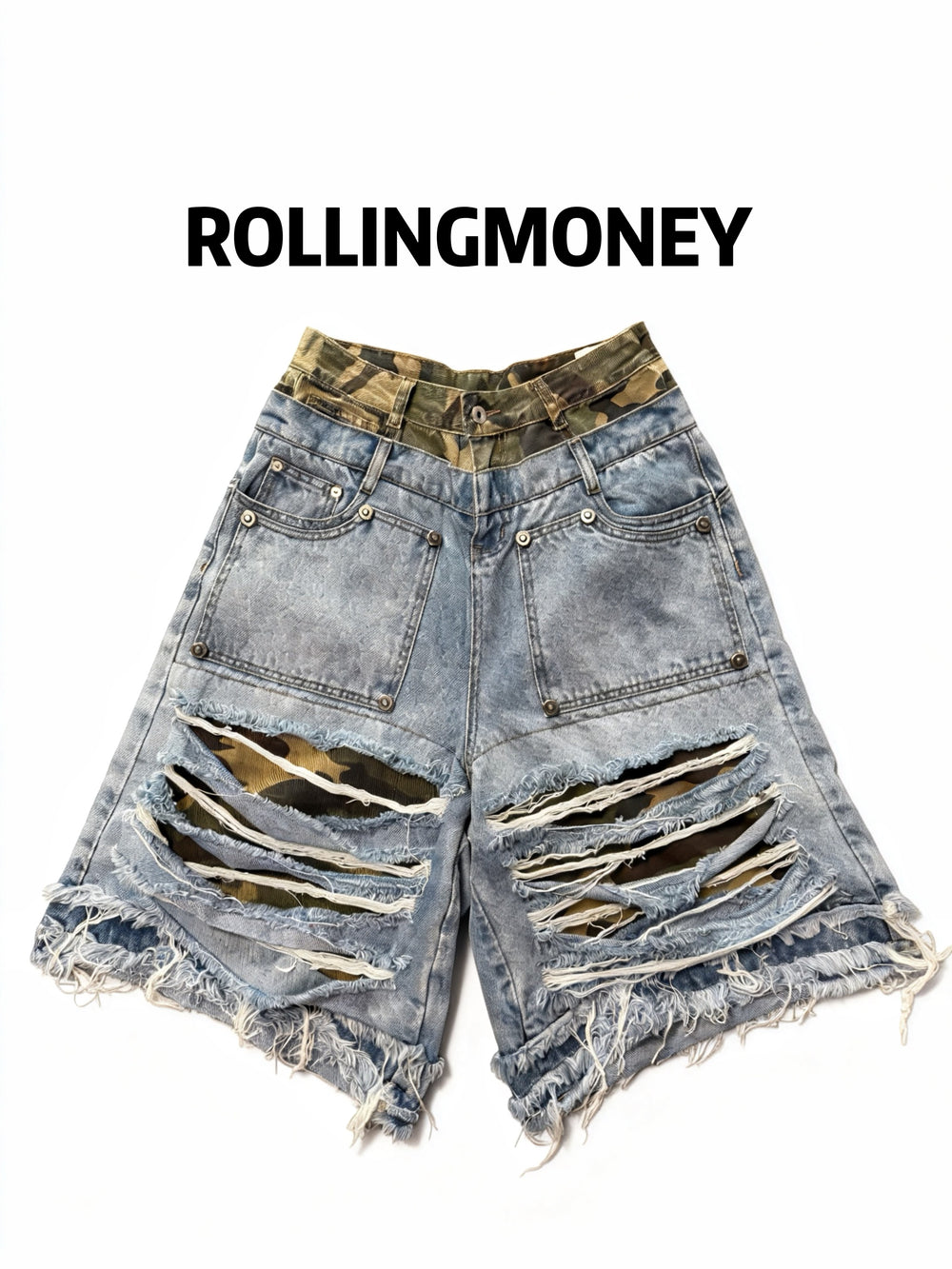 ROLLINGMONEY Leopard Denim Shorts