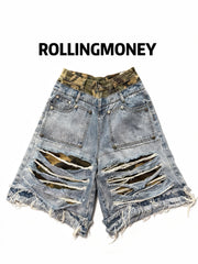 ROLLINGMONEY Leopard Denim Shorts