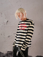 THEWET 2026 Spring American Street Black and White Stripe Short Style Loose Long Sleeve Used Spray Dirty Interval Strip Long Tee