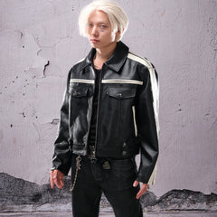 THEWET 2025 AW TOPBARRY Same Style Autumn/Winter American Street Short Wide Curved Knife Splicing Leather Jacket