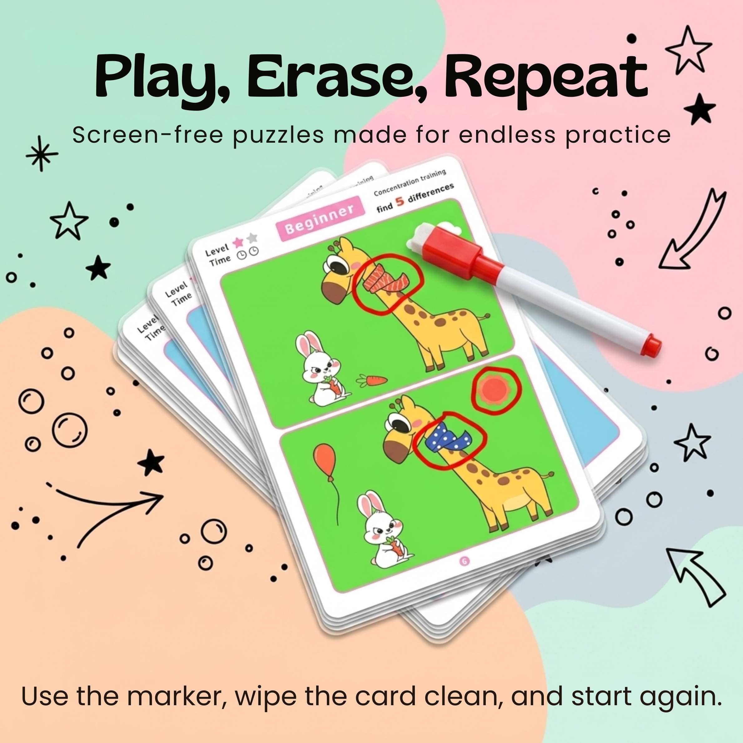 TibaToes™ Find the Difference Cards: Reusable Concentration Training Game for Toddlers & Kids (3 Levels)