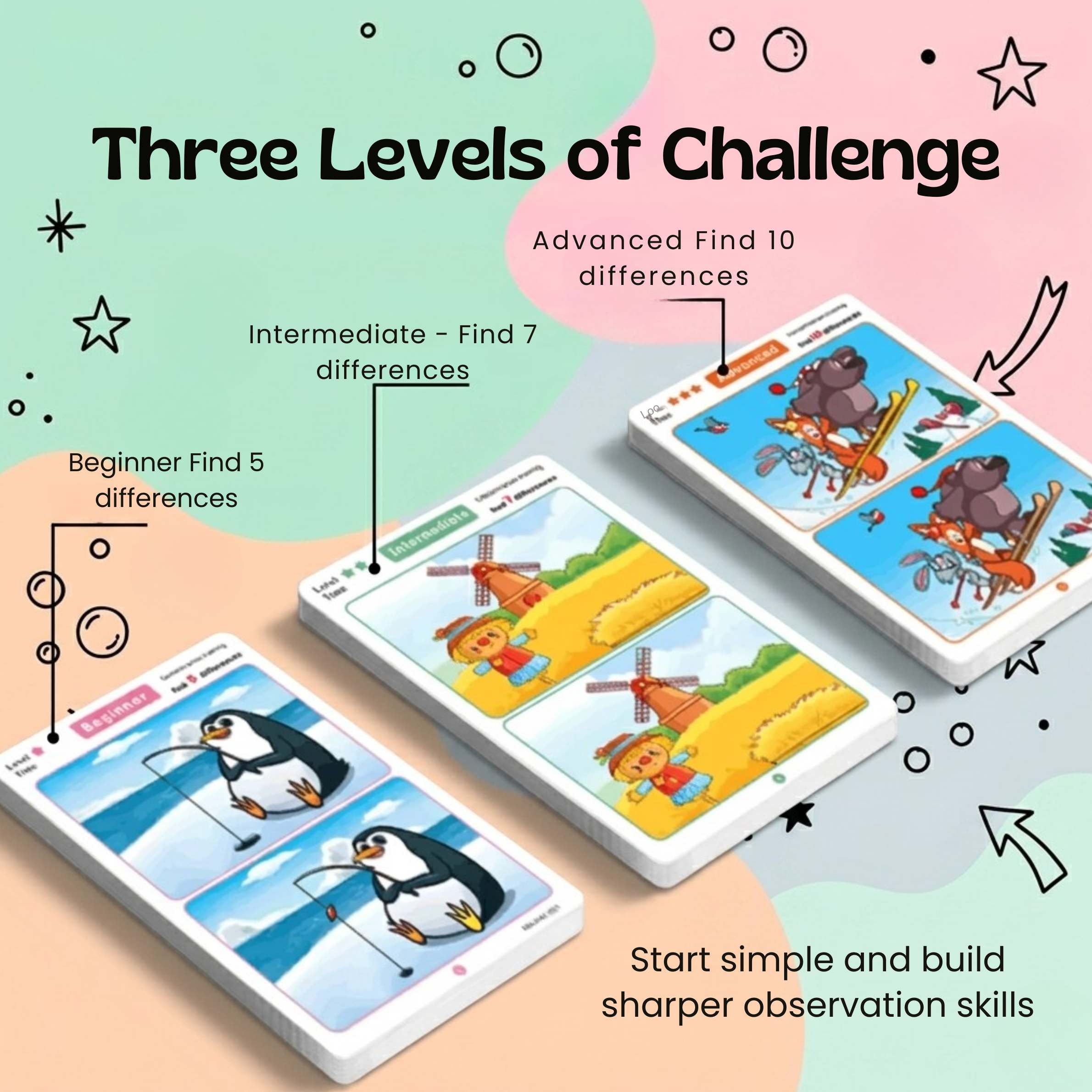 TibaToes™ Find the Difference Cards: Reusable Concentration Training Game for Toddlers & Kids (3 Levels)