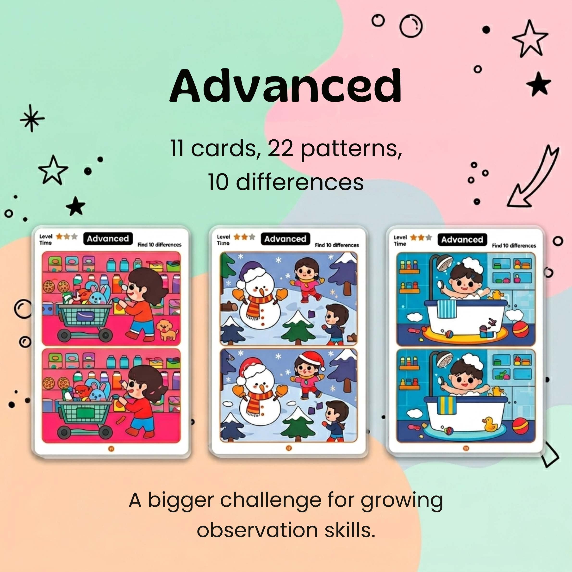 TibaToes™ Find the Difference Cards: Reusable Concentration Training Game for Toddlers & Kids (3 Levels)