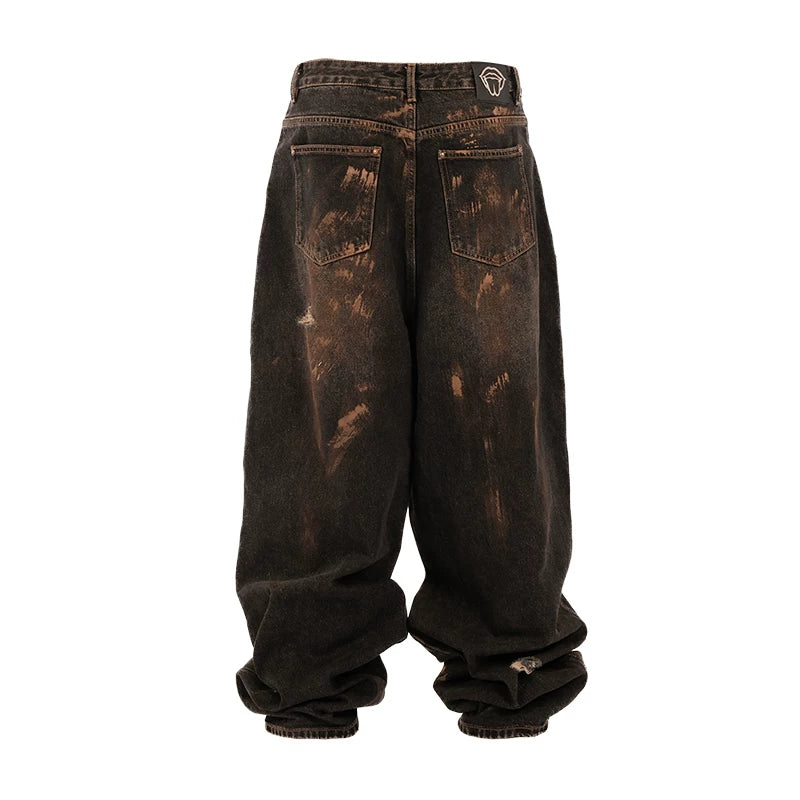 THEWET Tongue Mud Dyeing Waste Soil Baggy Pants Wash and Make Old Super Fat Loose Jeans