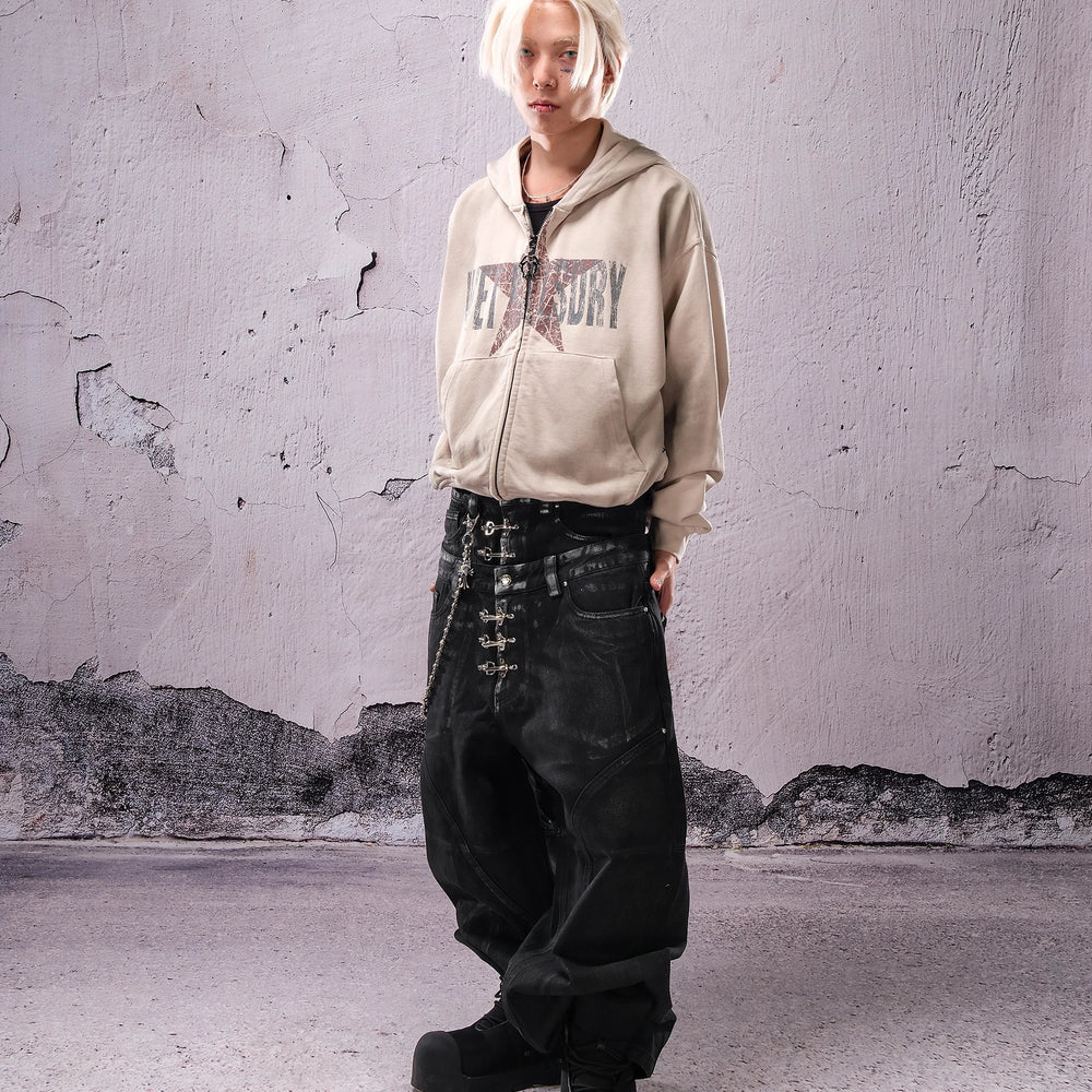 THEWET SPLITTING TONGUE silhouette distressed short loose star print zipper hoodie