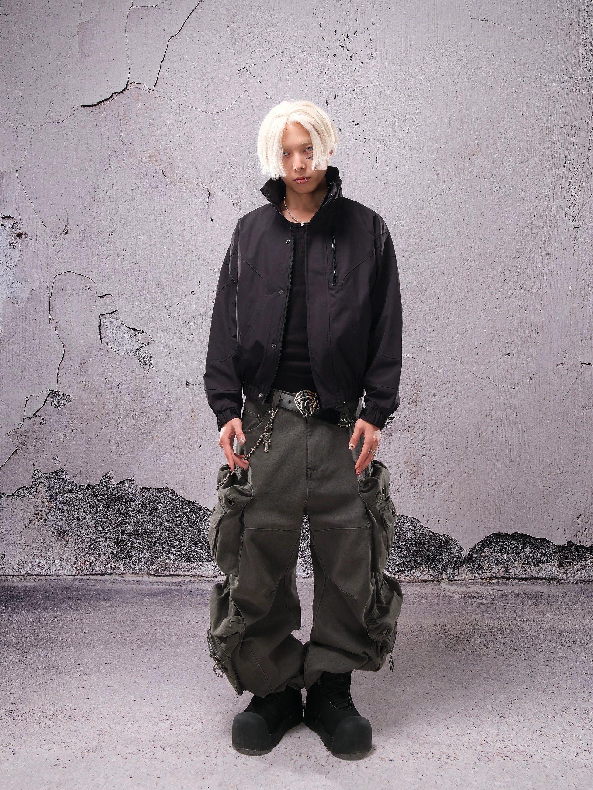 THEWET 2025秋冬 美式街头廓形刺绣短款立领夹克高领防风警服外套