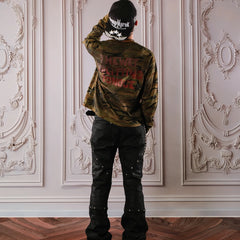 THEWET 2026 Split Tongue Rivet Brushed Wax Flared Pants Dark Pioneer Micro Elastic Casual Style Micro Flared Pants