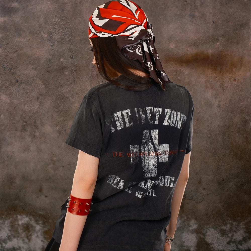 THEWET 2025SS American retro mud dyed distressed street casual cross distressed printed short sleeved tee