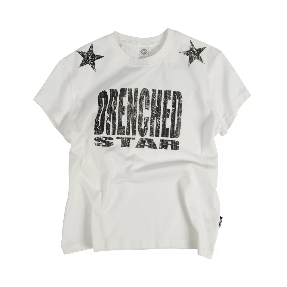 THEWET 2026SS Street Retro Vintage Double Star Letter Printed Cotton Short Sleeve Tee