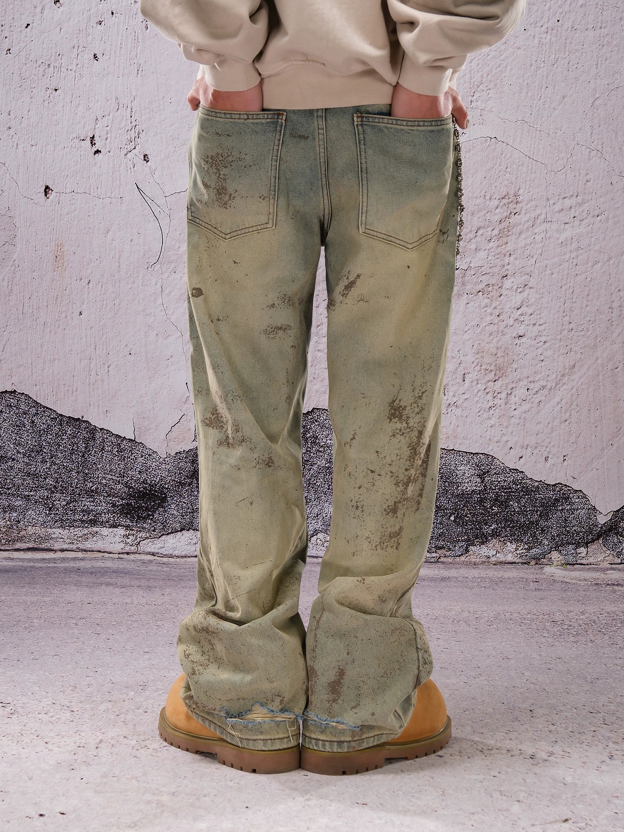 THEWET SPLITTING TONGUE 2025AW Washed and Used Digital Splashed Honeycomb Cat Beard Jeans