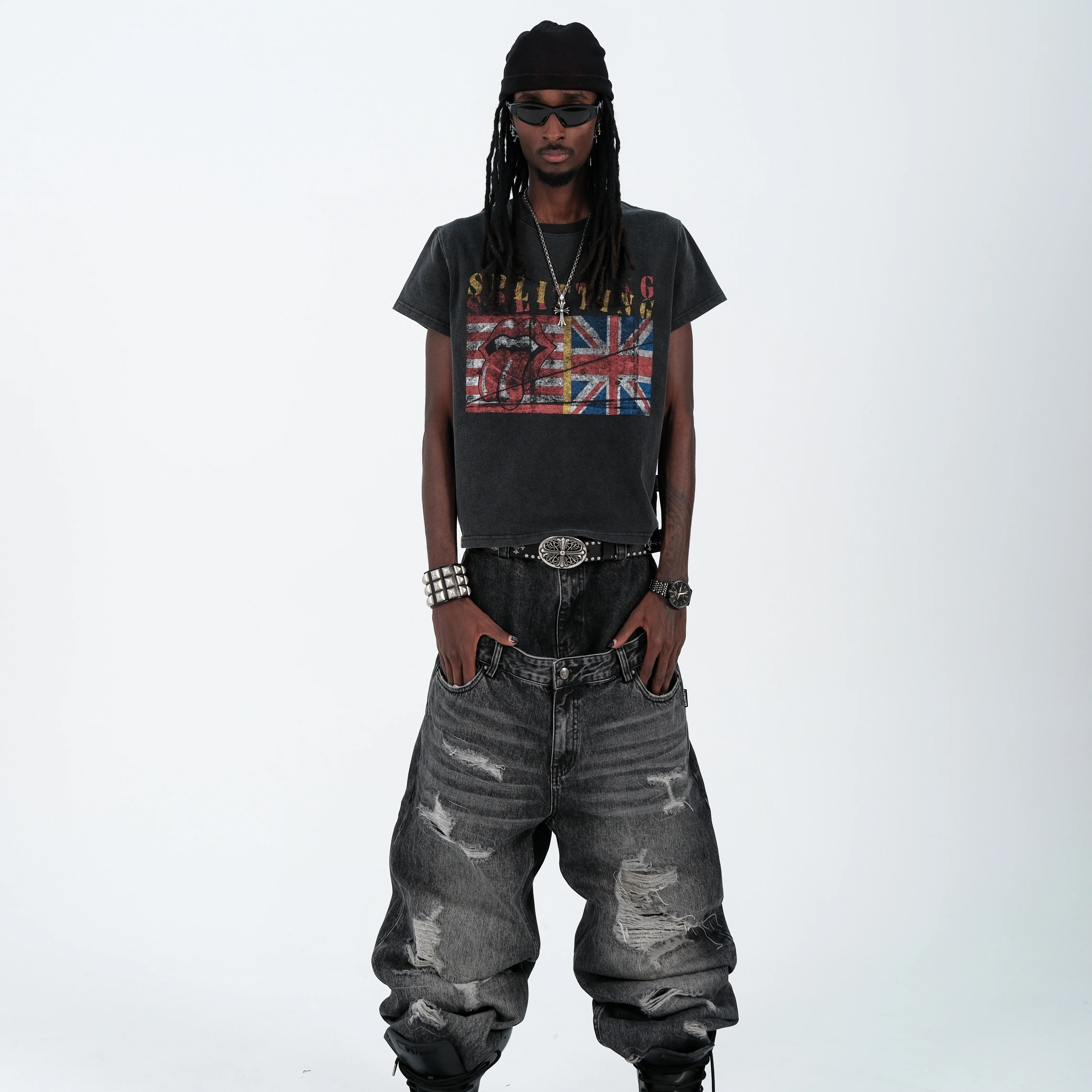 THEWET 2026SS Street Retro Doing Old Rice Flag Rolling Stone Splitting Tongue Teasing Fun Printed Cotton Short Sleeve