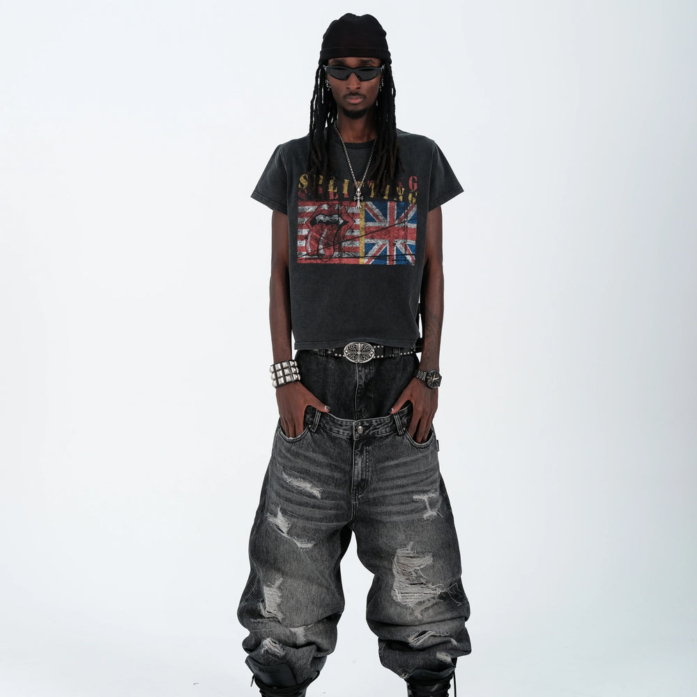 THEWET 2026SS Street Retro Doing Old Rice Flag Rolling Stone Splitting Tongue Teasing Fun Printed Cotton Short Sleeve