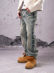 THEWET SPLITTING TONGUE 13 oz Basic Washed Cat Beard Old Straight Cowboy Pants