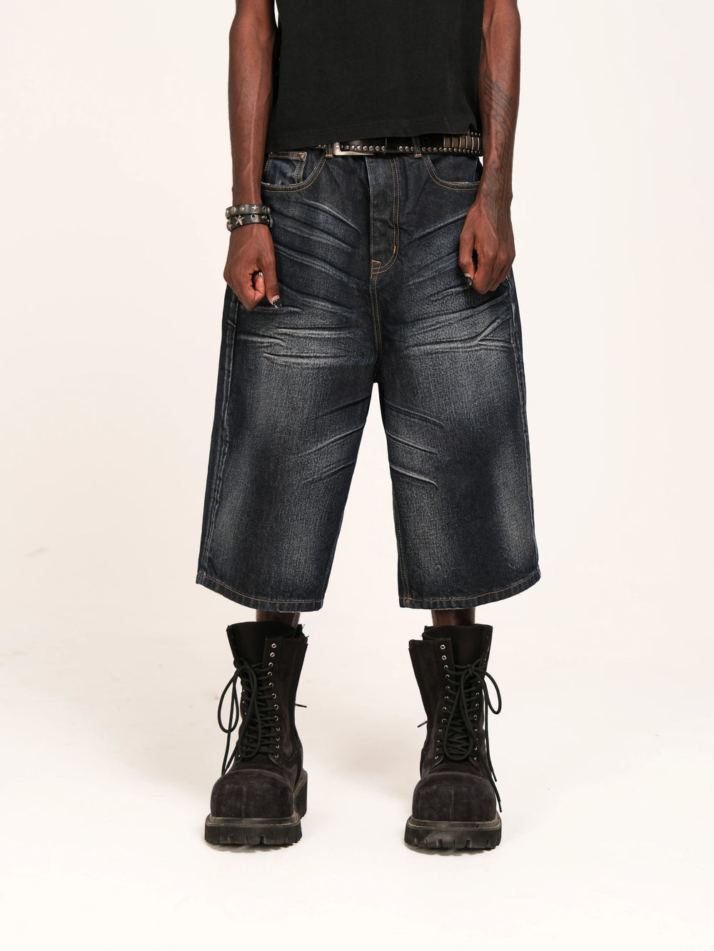 THEWET 14oz American washed distressed three-dimensional pleated cat whisker denim shorts for men, pure cotton wide leg cropped pants