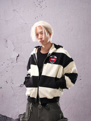 THEWET SPLITTING TONGUE Black and White Stripe Printed Short Loose Zipper Hoodie
