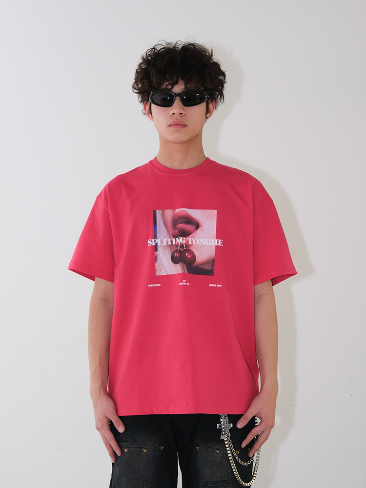 LILWET 280g Cherry Fun American Street Split Tongue Print Versatile Short Sleeve Heavy duty Round Neck T-shirt