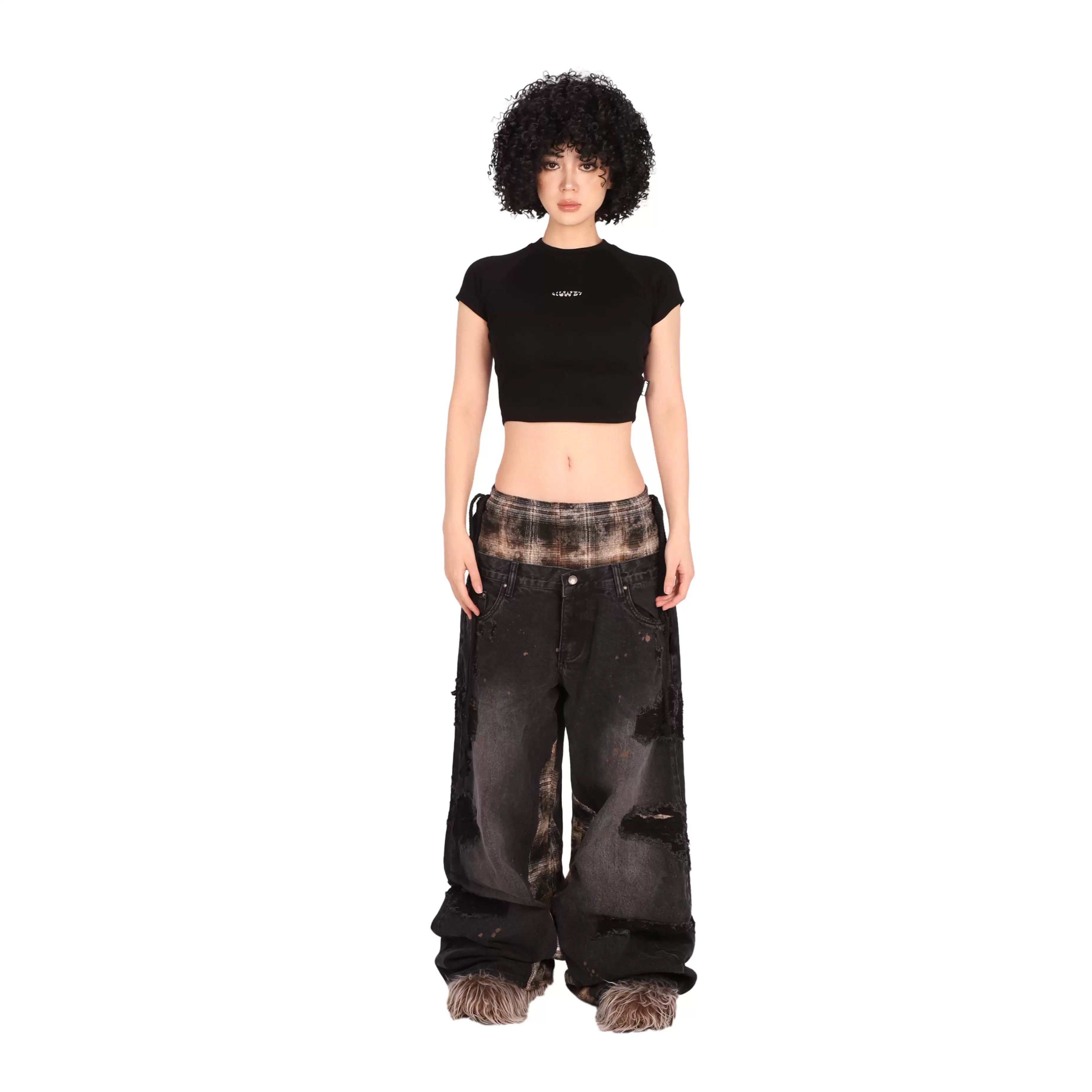 THEWET Split Tongue 14 oz Double Waist Checkered Splicing with Broken Hole, Damaged, Baggy Straight leg Jeans