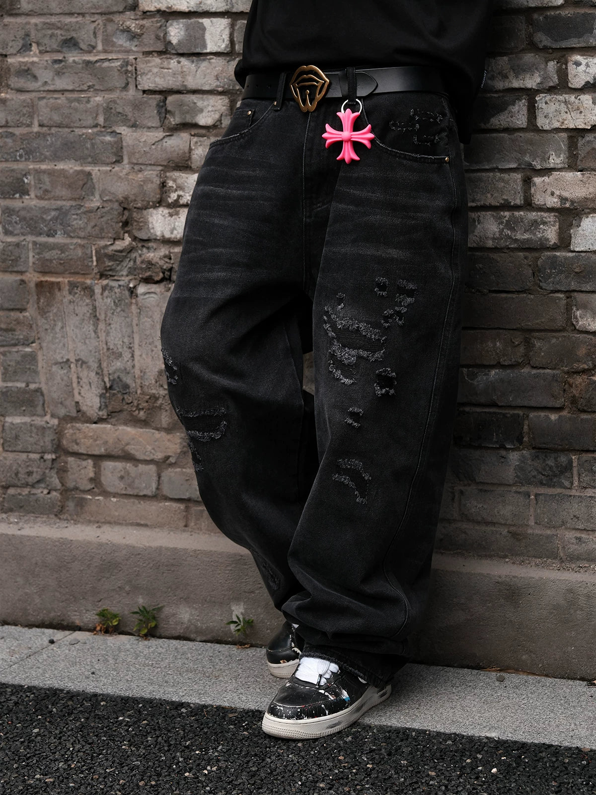 LILWET American street Baggy washed distressed jeans with holes, loose and versatile daily pants