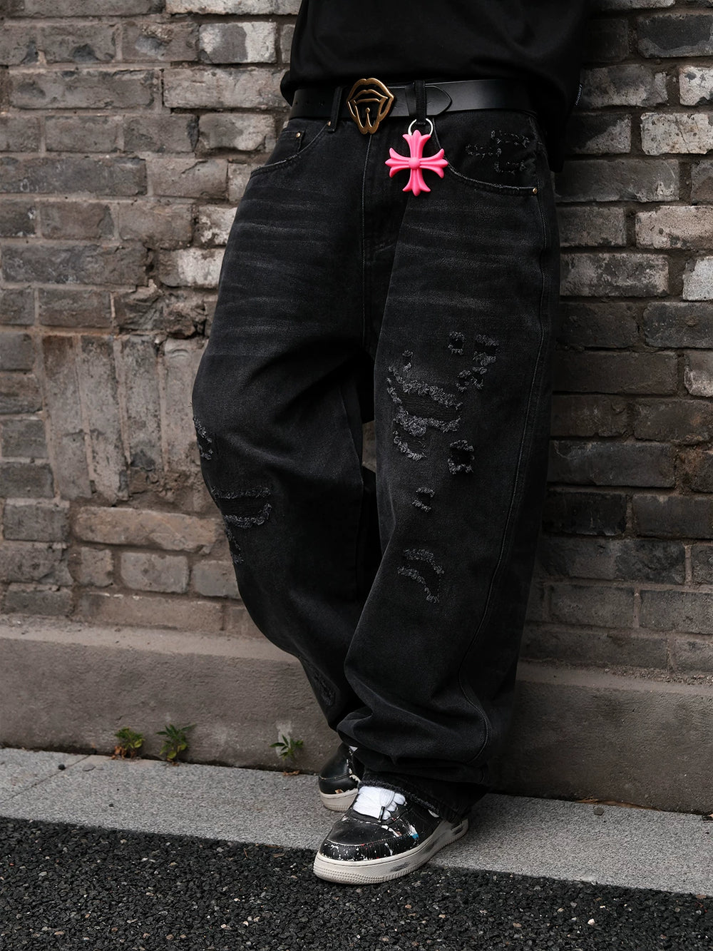 LILWET American street Baggy washed distressed jeans with holes, loose and versatile daily pants