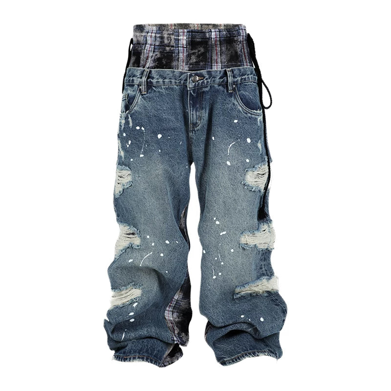 THEWET Split Tongue 14 oz Double Waist Checkered Splicing with Broken Hole, Damaged, Baggy Straight leg Jeans
