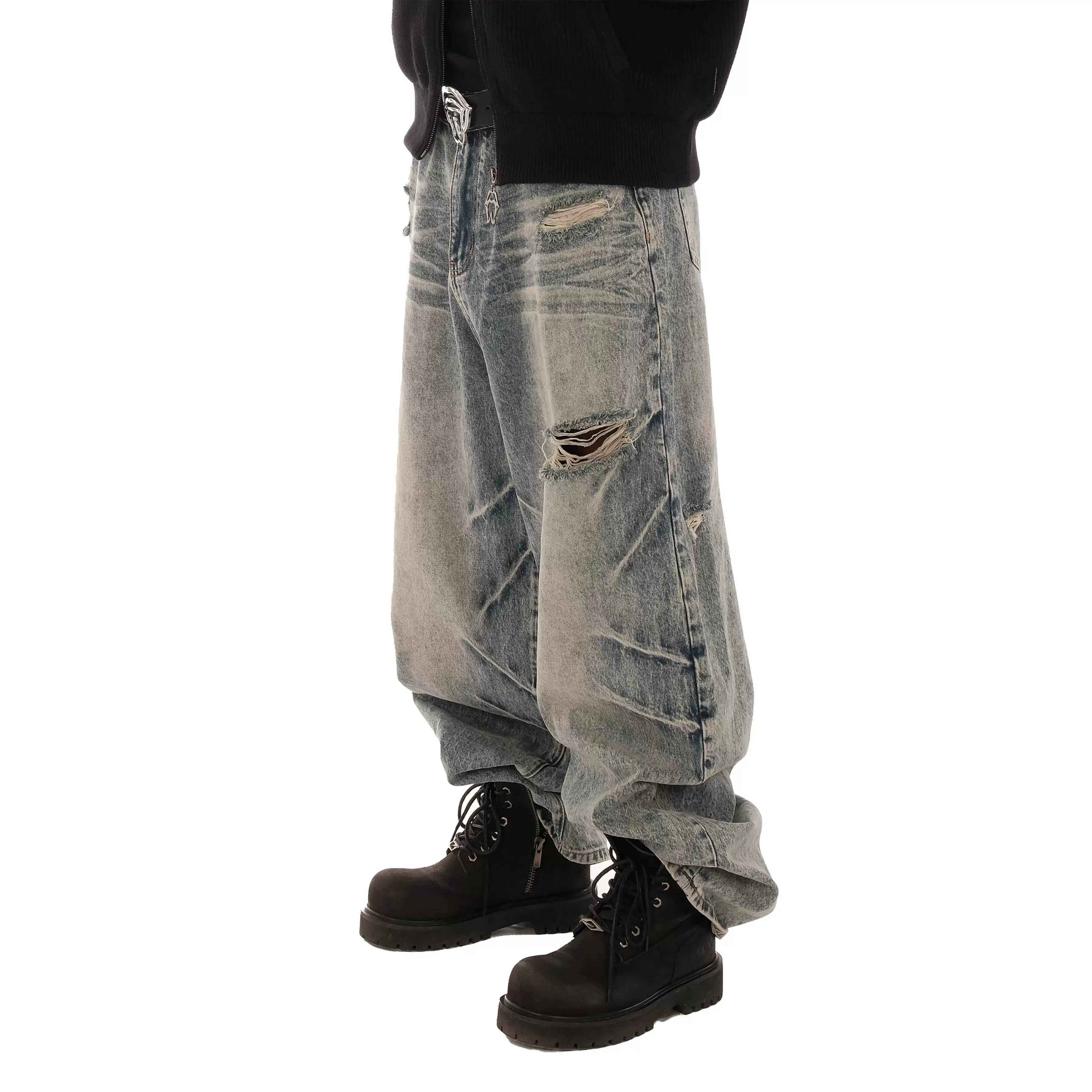 LILWET loose hole washed distressed 13 ounce cat paw scratch cat whisker split tongue jeans THEWET