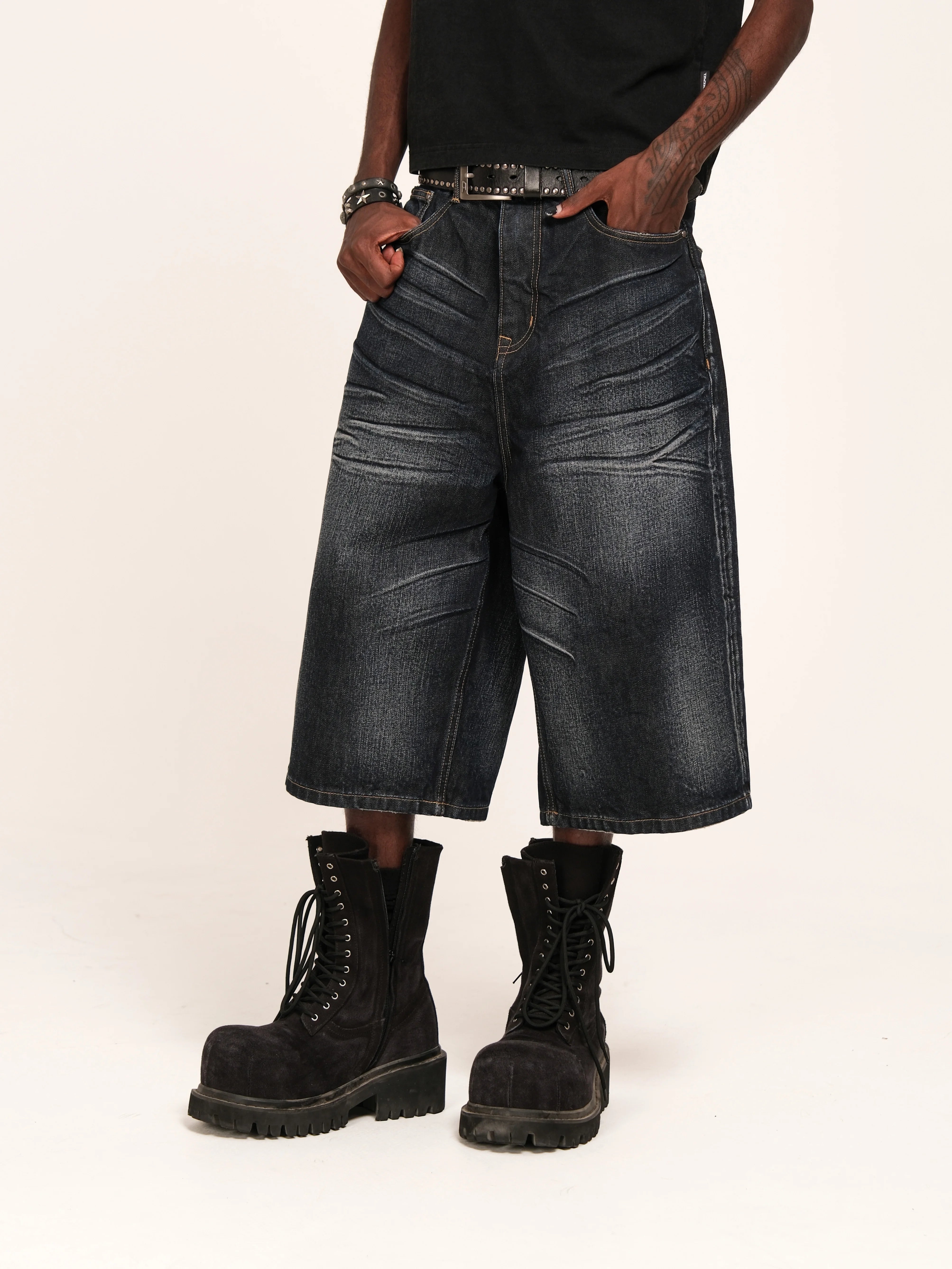 THEWET 14oz American washed distressed three-dimensional pleated cat whisker denim shorts for men, pure cotton wide leg cropped pants