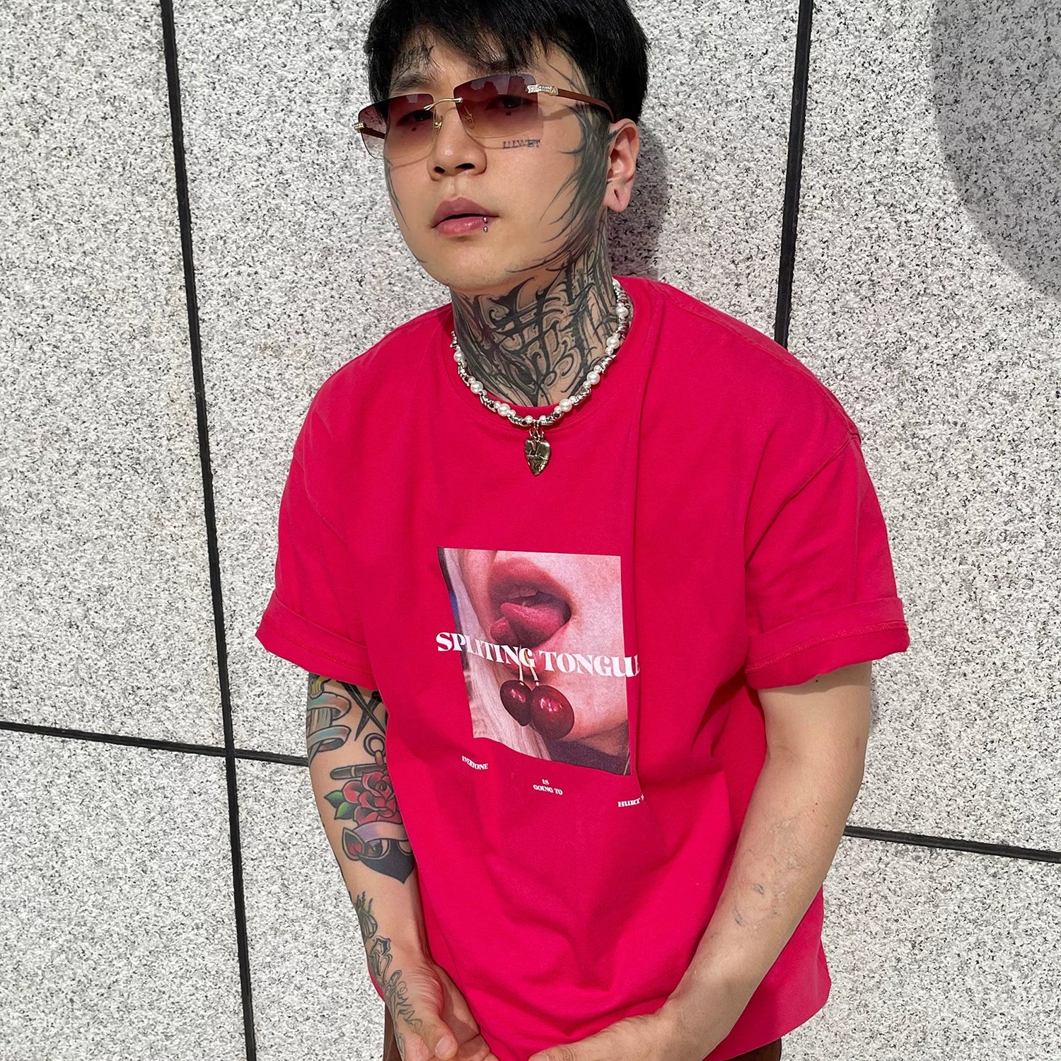 LILWET 280g Cherry Fun American Street Split Tongue Print Versatile Short Sleeve Heavy duty Round Neck T-shirt