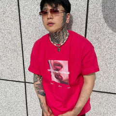 LILWET 280g Cherry Fun American Street Split Tongue Print Versatile Short Sleeve Heavy duty Round Neck T-shirt
